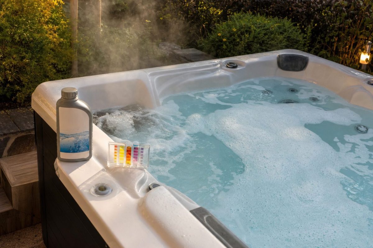White foam on the surface of a garden hot tub near a jet with a test kit on the rim