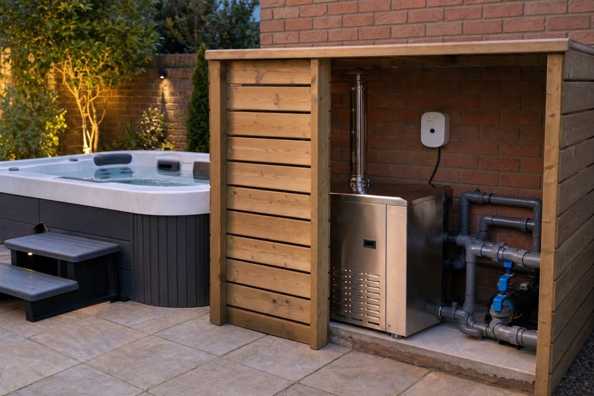 Outdoor gas heater with flue and tidy pipework beside a garden hot tub