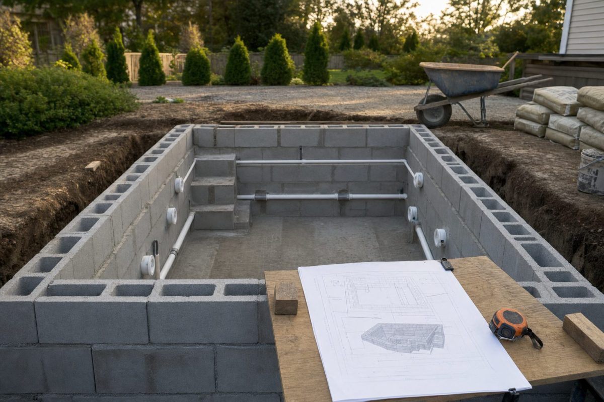 Partly built in-ground block hot tub with plumbing pipes through the walls and a set of construction plans on a board beside it