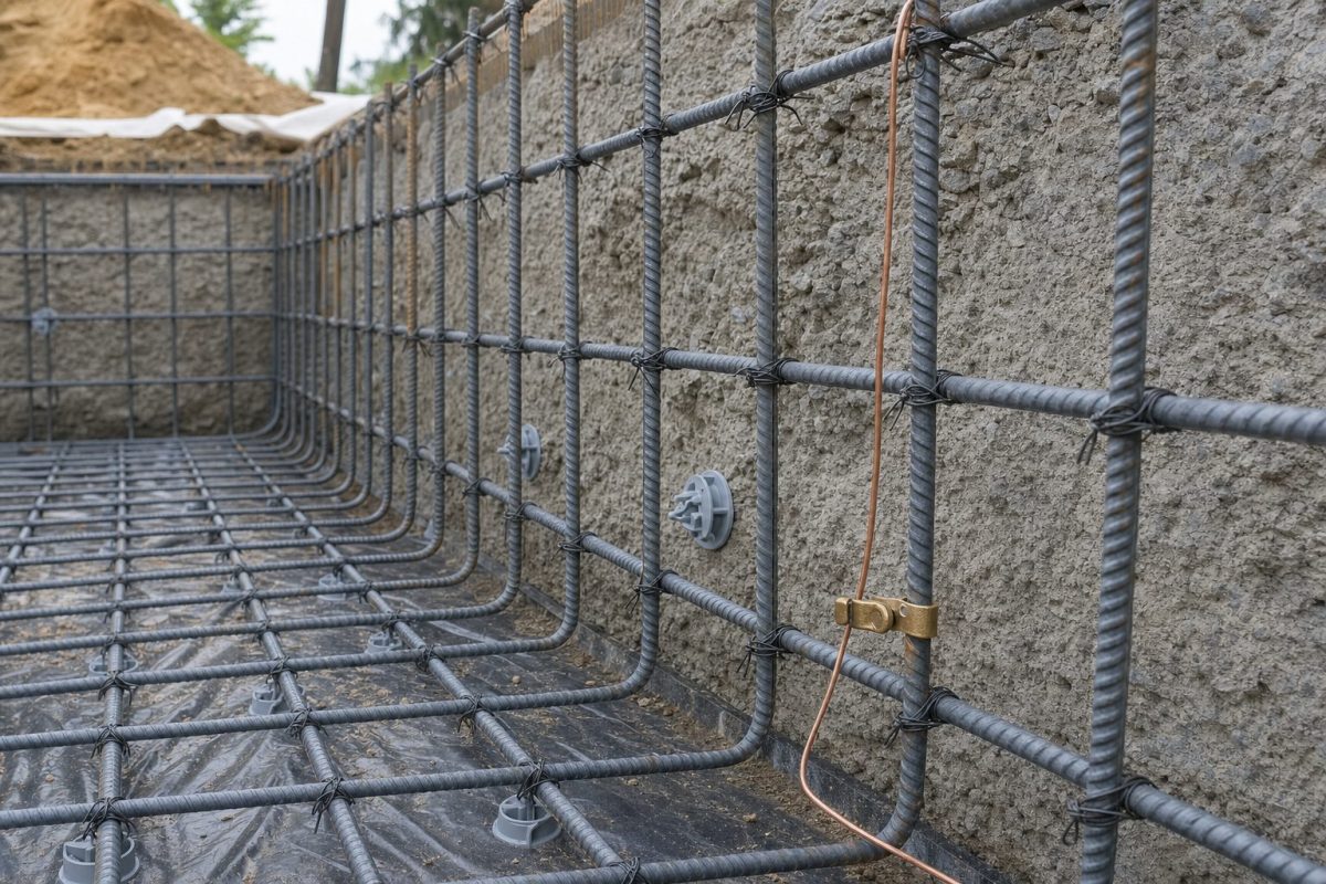 Solid copper bonding conductor clamped to tied steel rebar in the floor of an in-ground hot tub before the concrete is poured