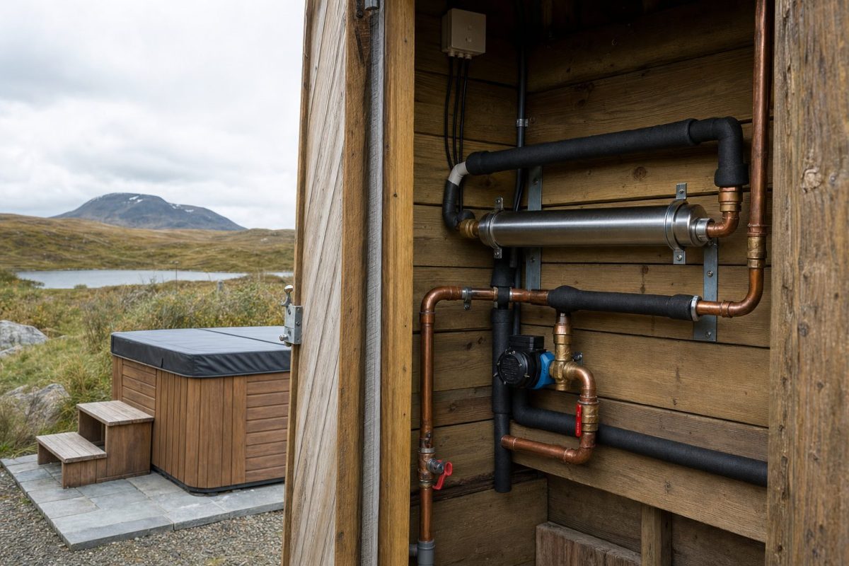 Heat exchanger and pipework in an equipment shed beside an off-grid hot tub