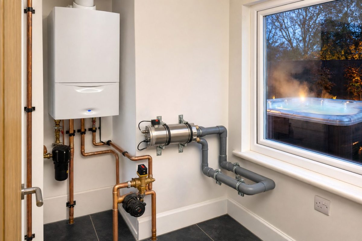 Heat exchanger, zone valve and insulated pipework heating a hot tub from a home boiler