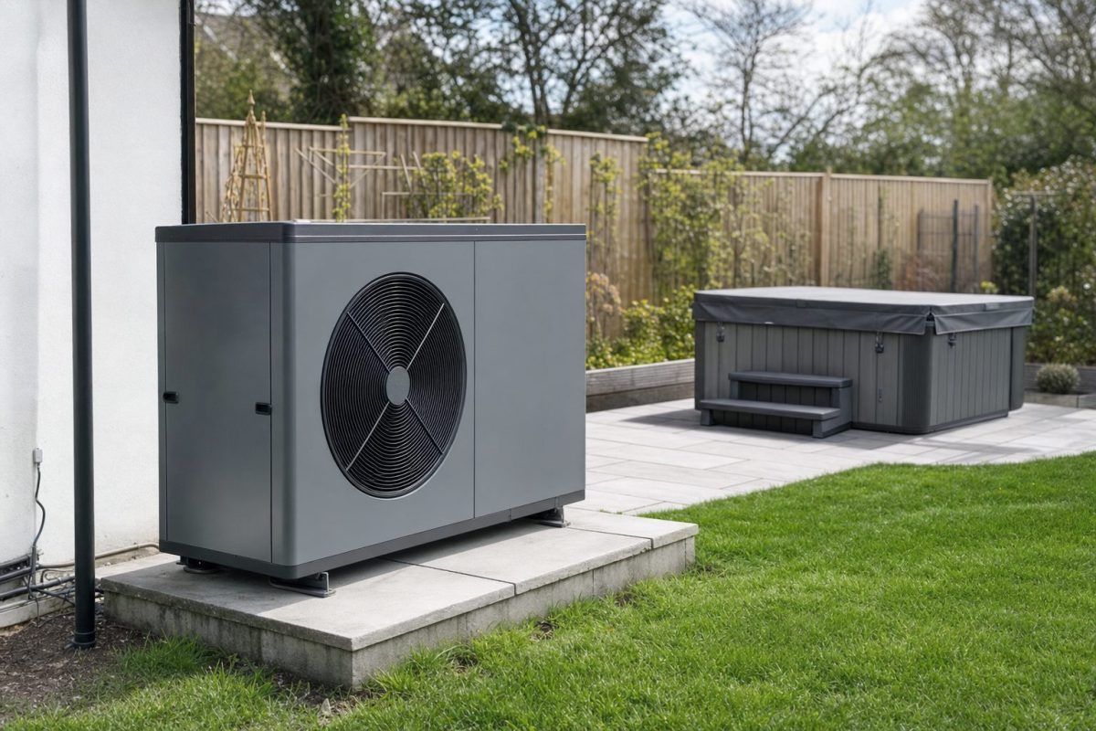 Air source heat pump beside a covered hot tub in a garden with plenty of clear space around it