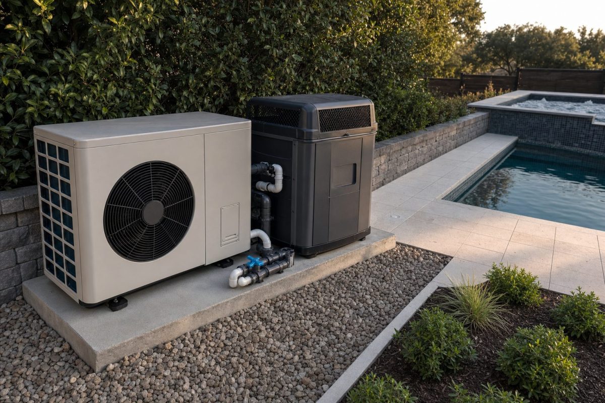 Air source heat pump and gas heater installed beside a plunge pool and hot tub