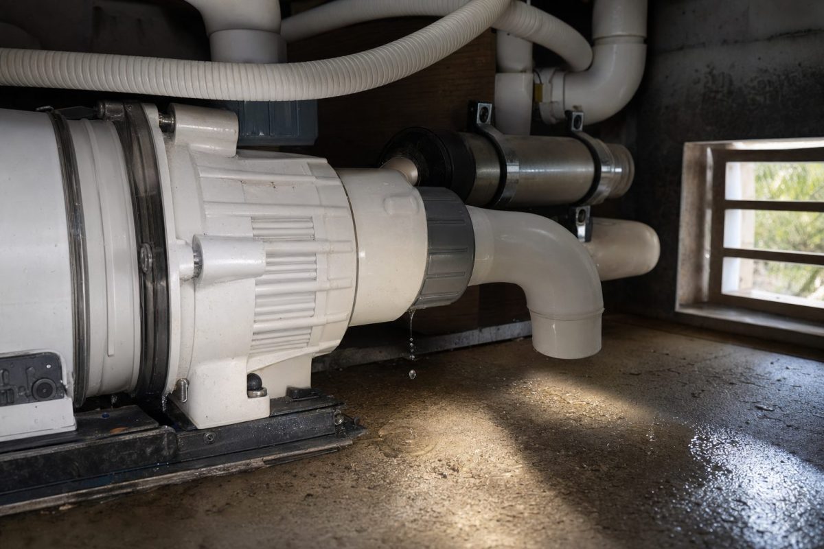 Water dripping from a pump union in a hot tub equipment bay, with a torch lighting the pipework