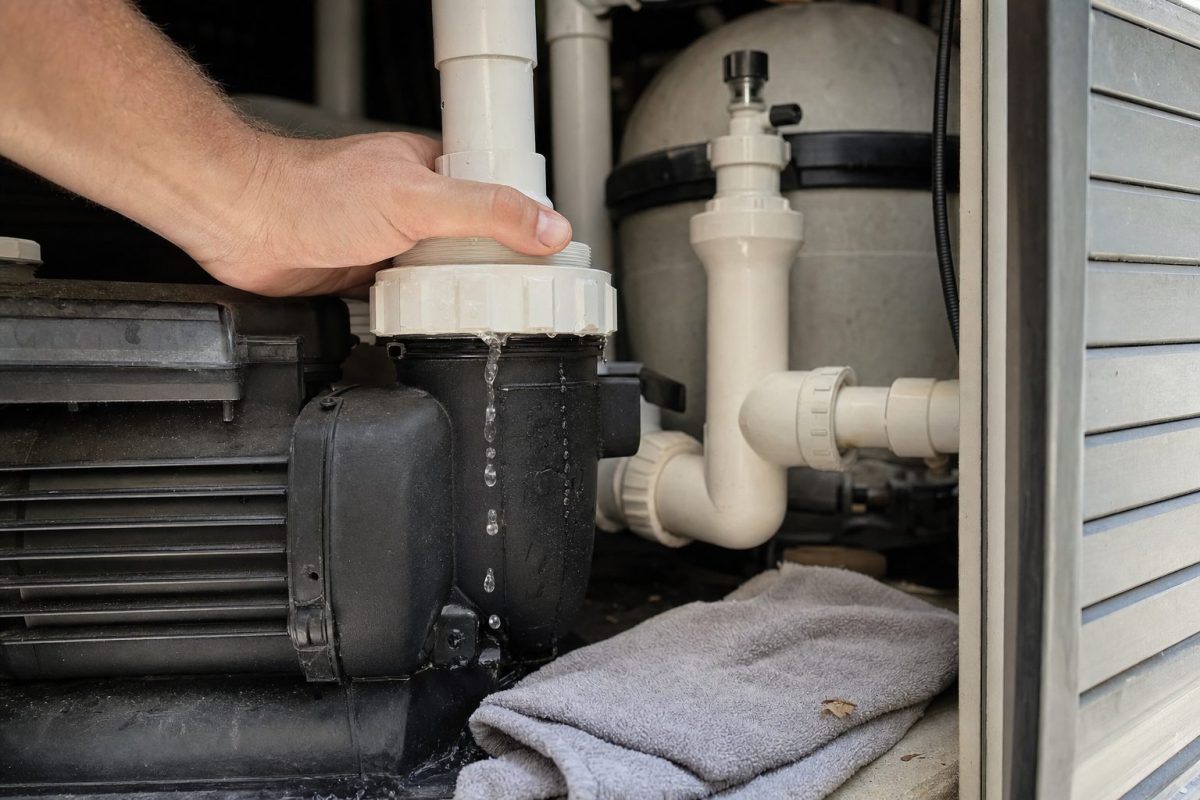 Loosening the union nut on a hot tub pump to bleed out an air lock
