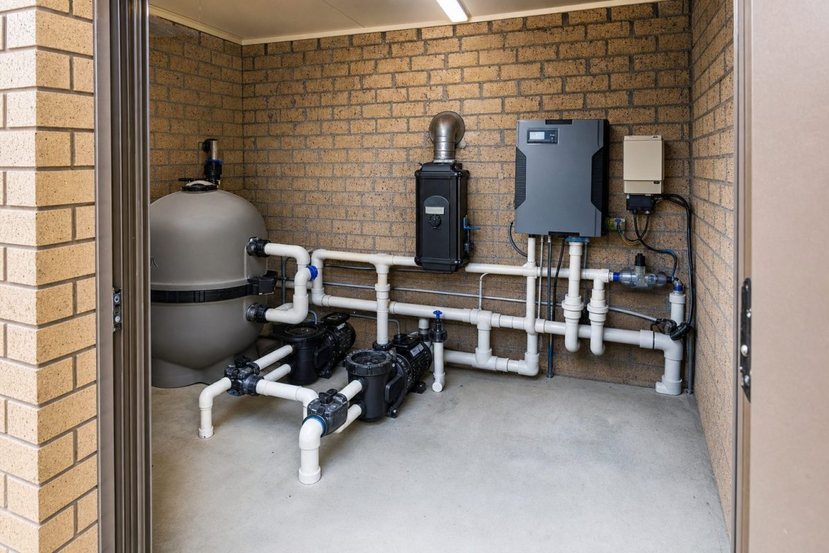 Tidy hot tub control room with pumps, filter, heater and spa pack plumbed in white PVC pipe