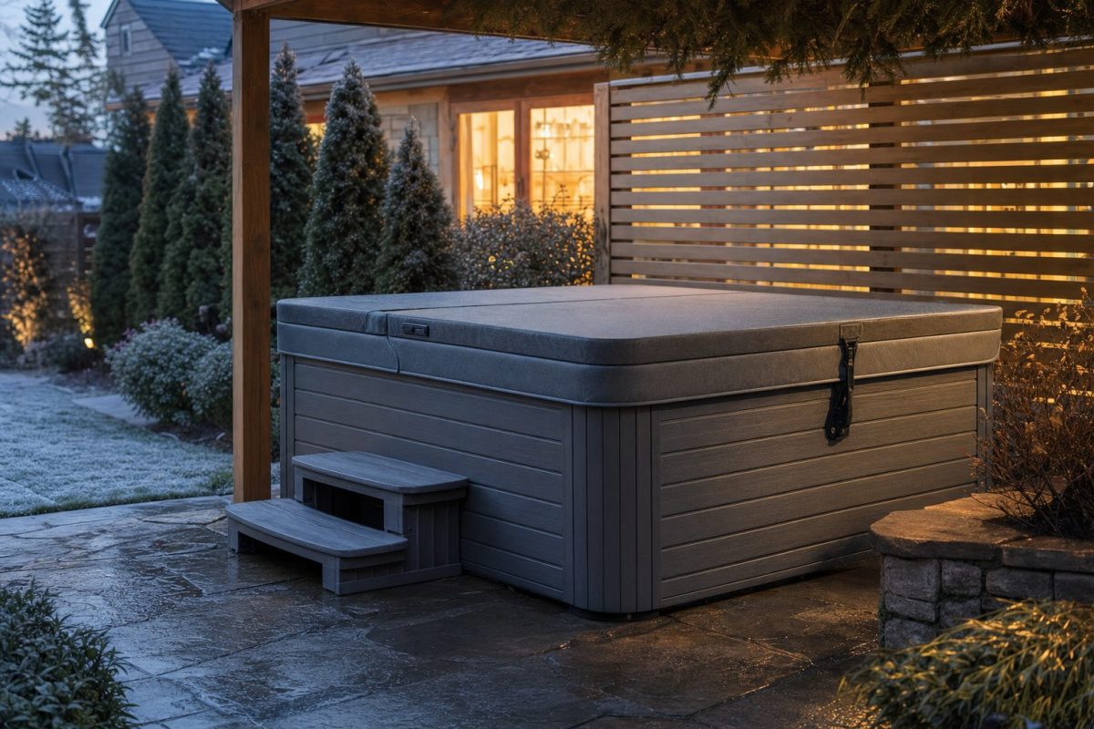 Covered outdoor hot tub sheltered by a timber screen and planting on a frosty evening