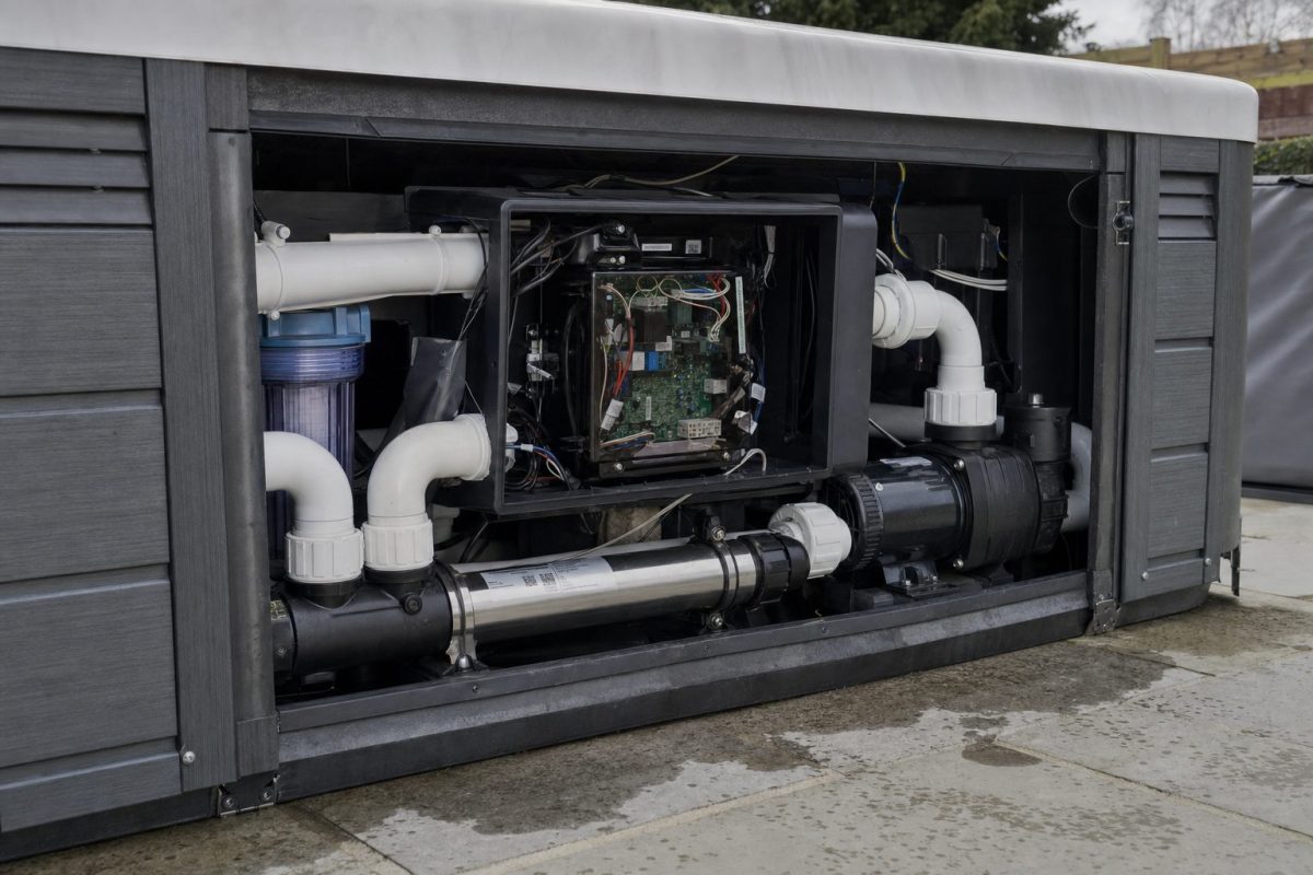 Open hot tub equipment bay showing the spa pack, heater tube, pump and pipework