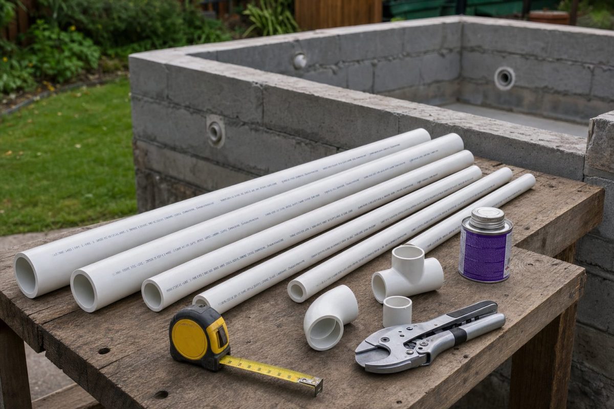 Lengths of white 2 inch and 1.5 inch PVC pressure pipe with elbows and tees laid out beside a DIY hot tub build