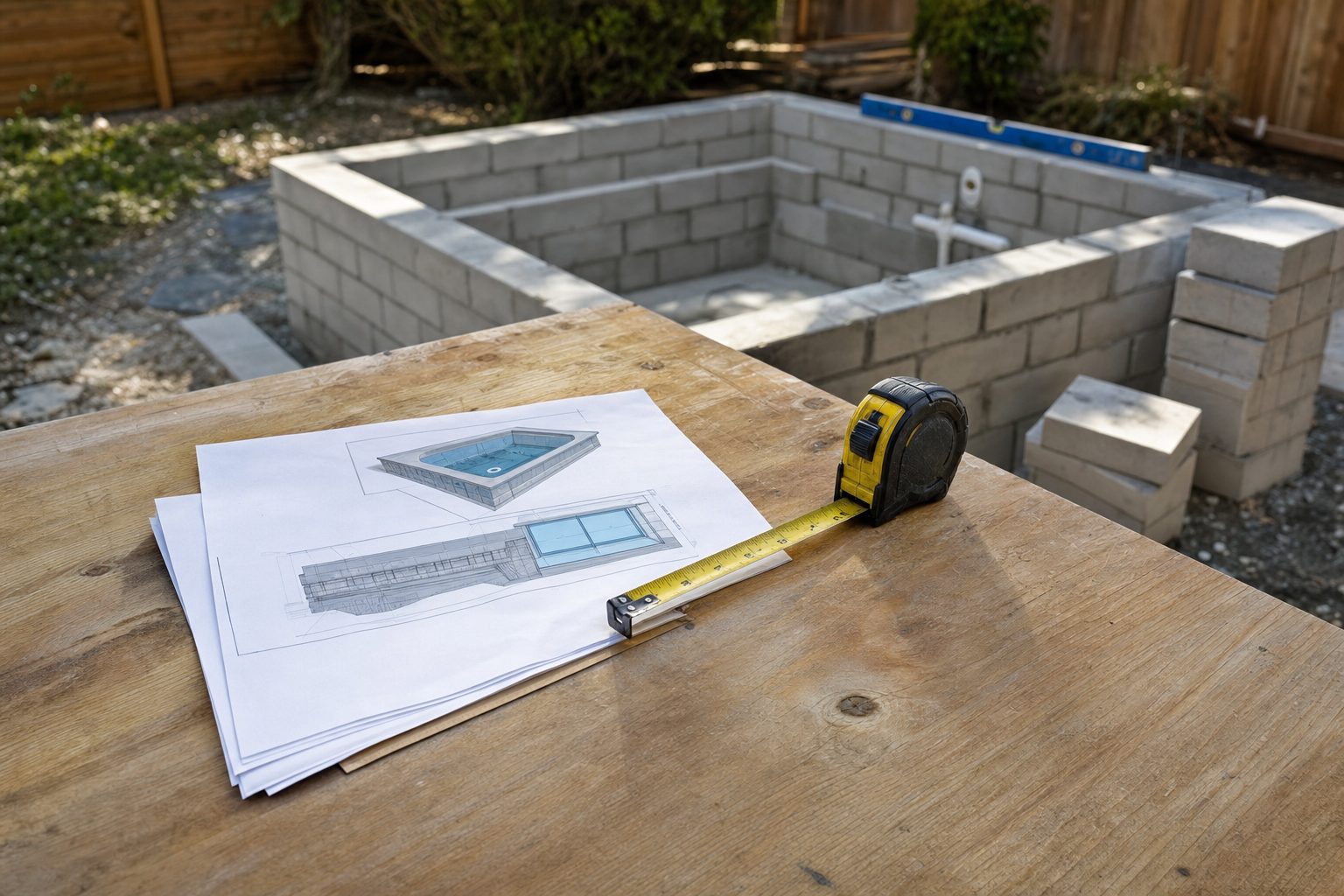 Printed DIY hot tub plans and a tape measure on a workbench beside a block-built hot tub shell