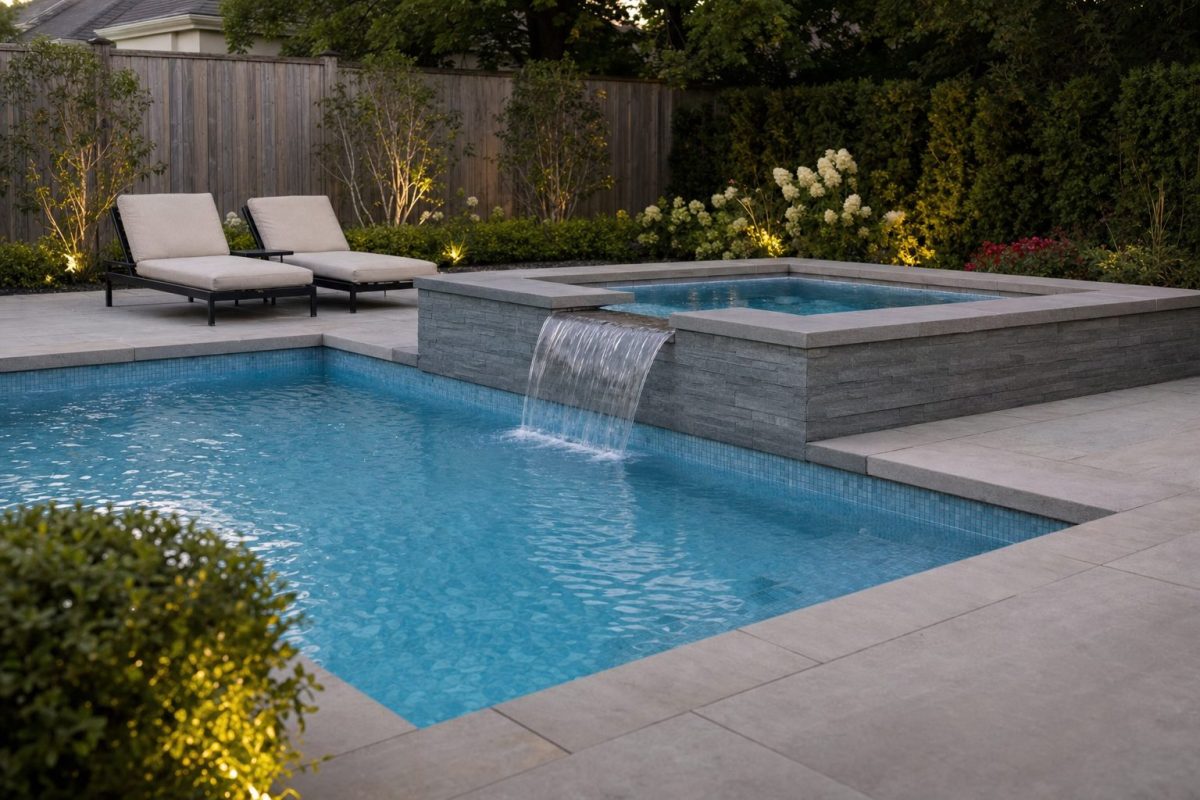 Raised square hot tub spilling over a stone edge into a rectangular swimming pool in a back garden