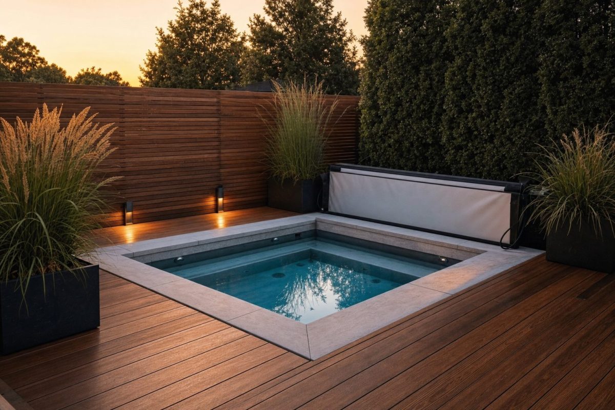 Sunken hot tub surrounded by slatted timber privacy screens and tall evergreen planting in a back garden
