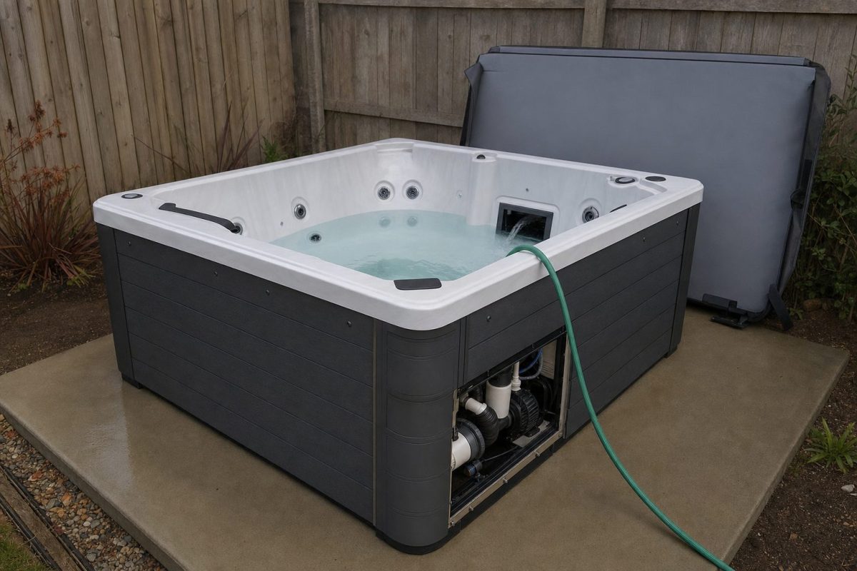 New hot tub being filled with a garden hose on a level concrete base, with the cover folded beside it