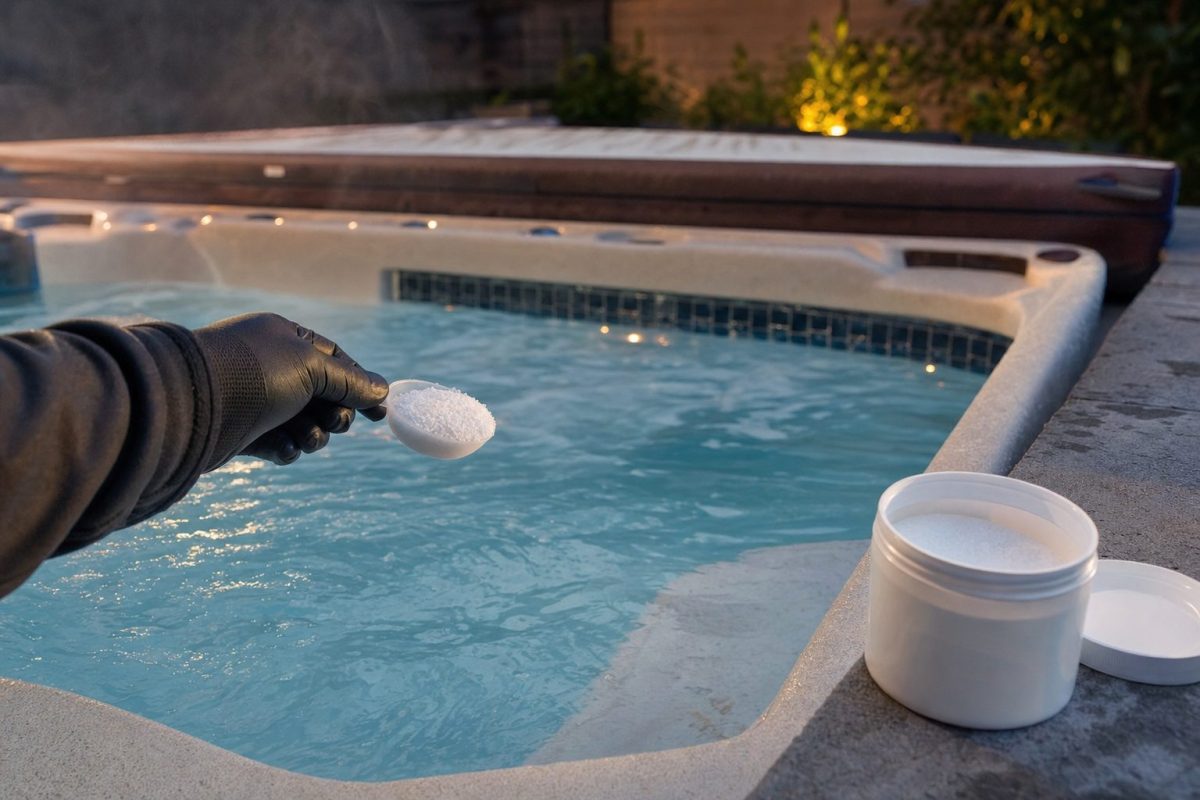 Hot tub shock granules being measured into a scoop beside a steaming hot tub with the cover folded back