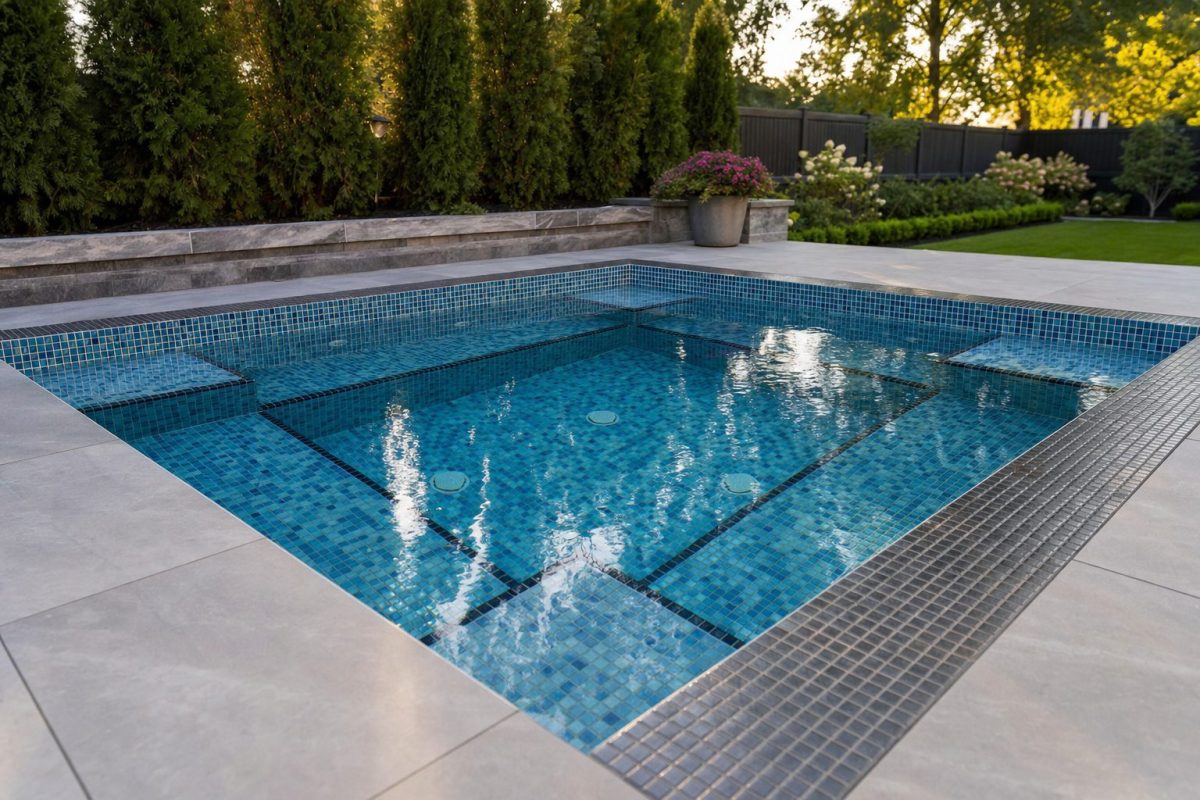 DIY in-ground hot tub finished in blue glass mosaic pool tiles with anti-slip tiled steps and a contrasting step edge