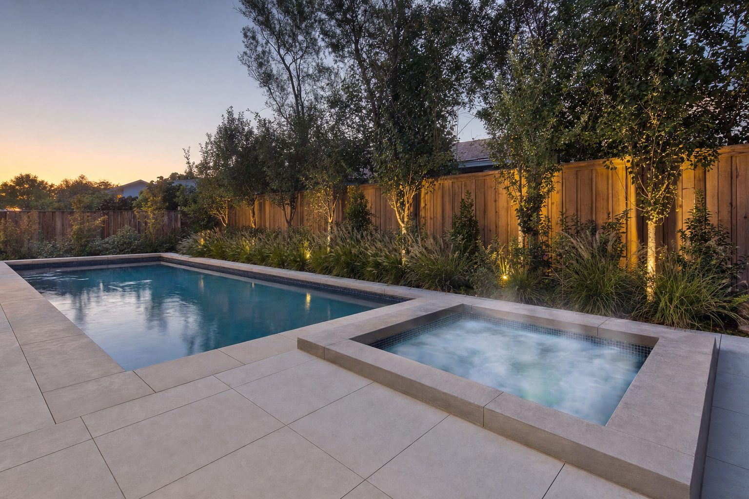 A tiled in-ground plunge pool beside a smaller steaming in-ground hot tub in a landscaped back garden