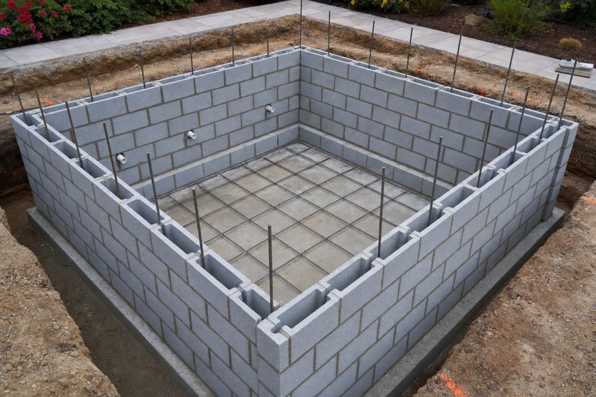 Block and rebar hot tub walls under construction on a reinforced concrete base
