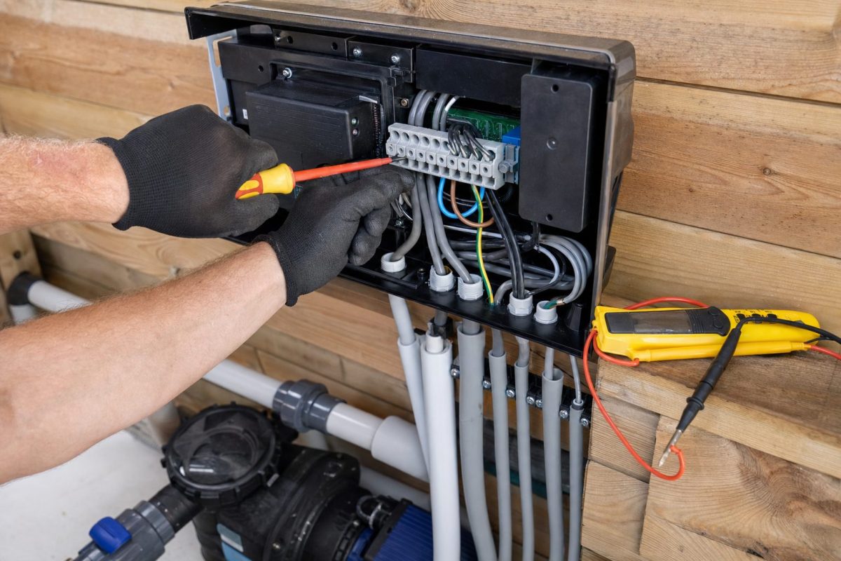 Electrician connecting cables to the terminal block of an open hot tub spa pack in a control room