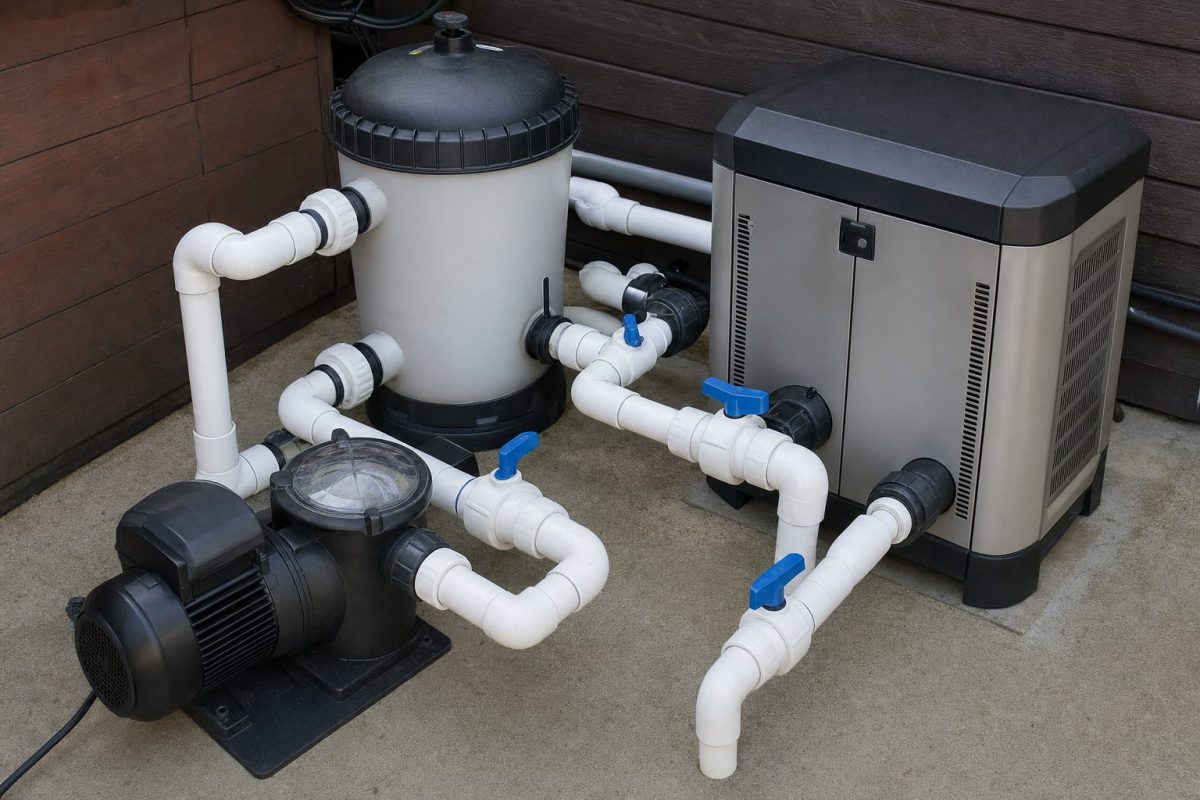 Hot tub pump, filter and heater connected with white PVC pipe, ball valves and unions
