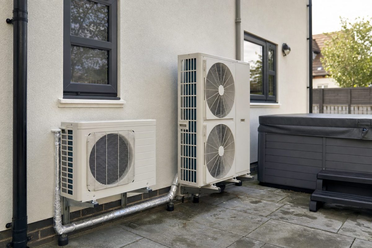 Wall-mounted heat pump beside a house heat pump, piped across a patio to an acrylic hot tub