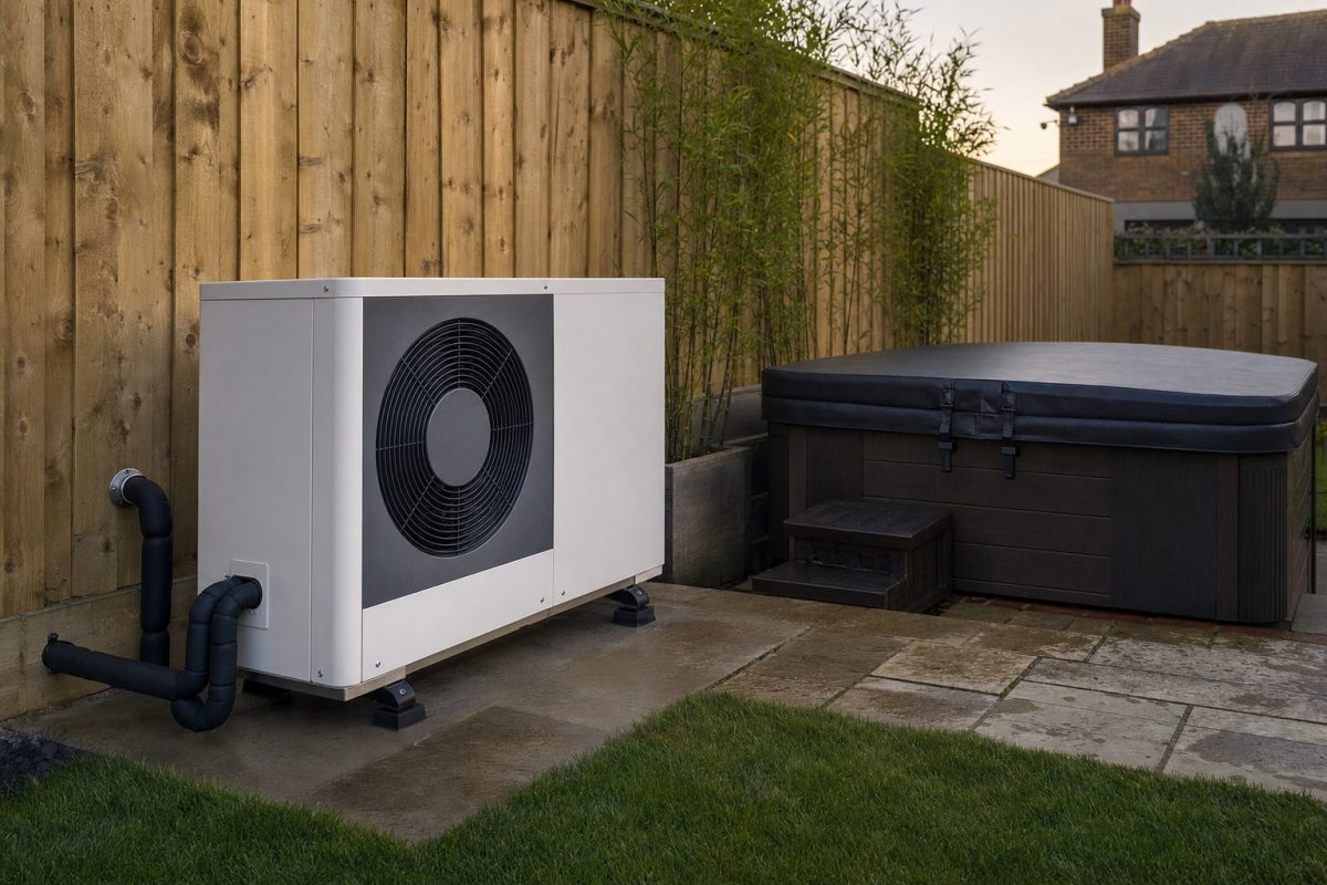 Air source heat pump on anti-vibration feet beside a garden hot tub, set away from the house windows