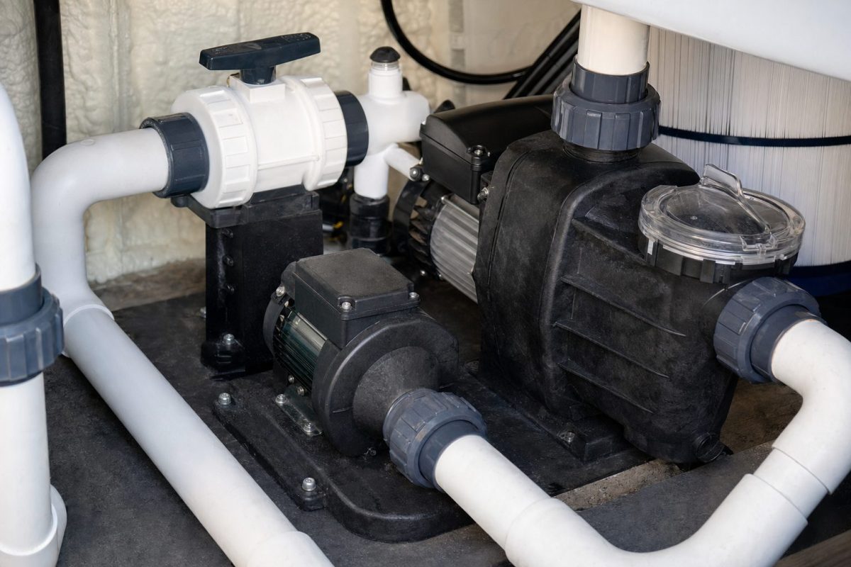 Small hot tub circulation pump fitted beside a larger jet pump with PVC pipework