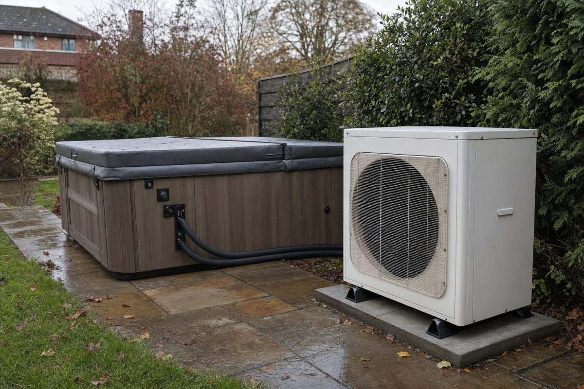Air source heat pump on paving beside a hot tub cabinet, with insulated pipes running between them