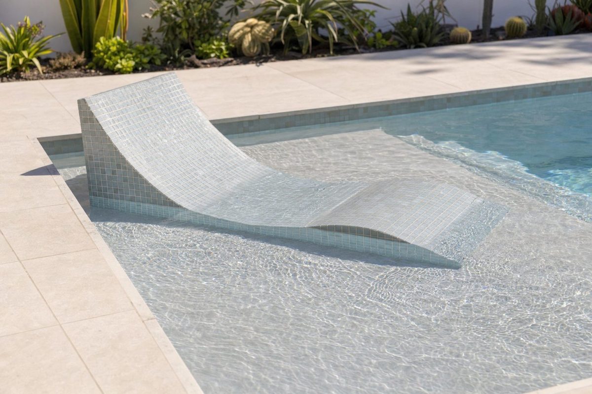 Tiled concrete lounger set on the shallow sun shelf of a cocktail pool