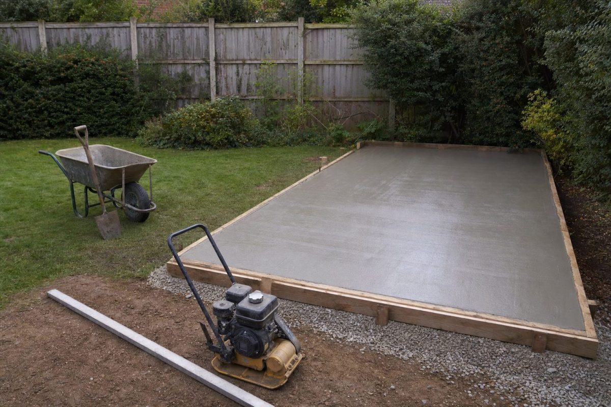 Freshly poured concrete hot tub base inside timber formwork in a back garden