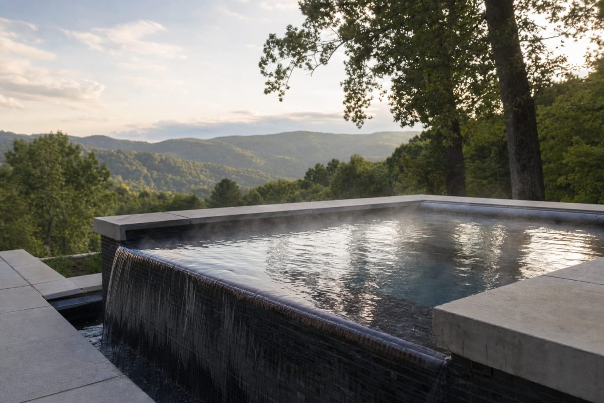 Tiled DIY infinity hot tub with water spilling over one edge towards a countryside view