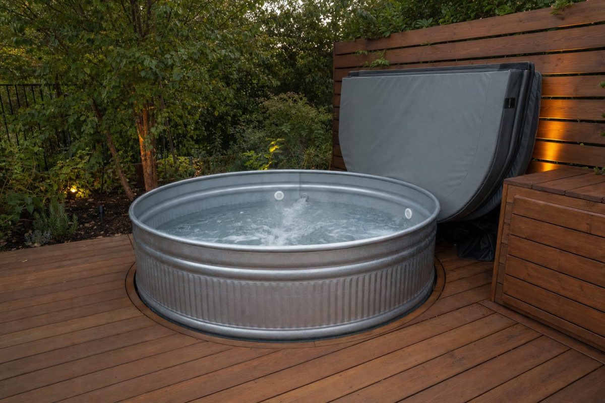 Galvanised round stock tank hot tub with jets, set on a timber deck in a backyard garden