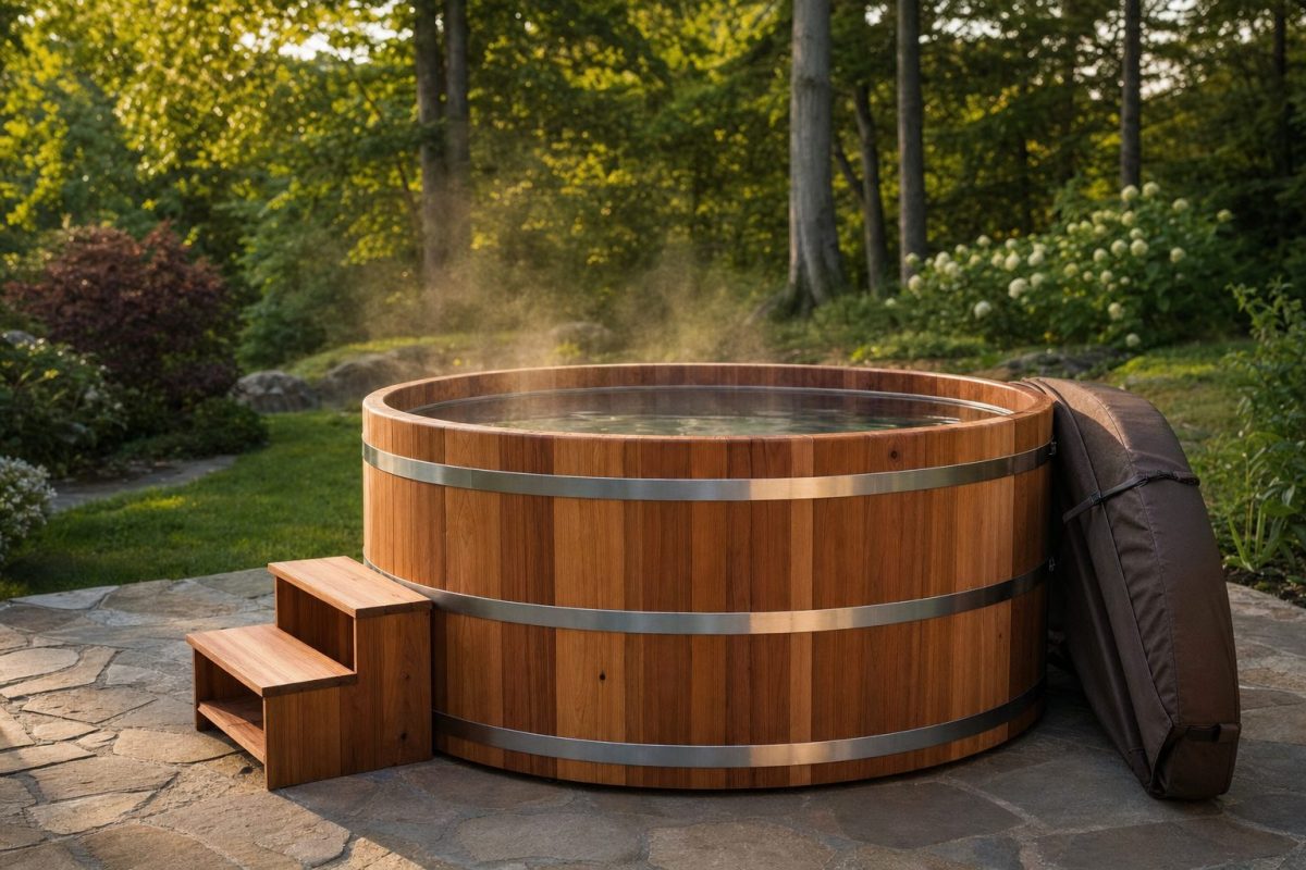 DIY round cedar wooden hot tub with stainless steel bands on a stone patio