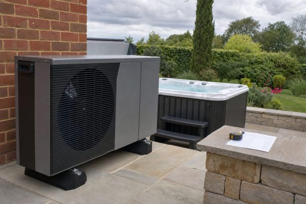 Air source heat pump unit beside a garden hot tub with a spec sheet on a low wall