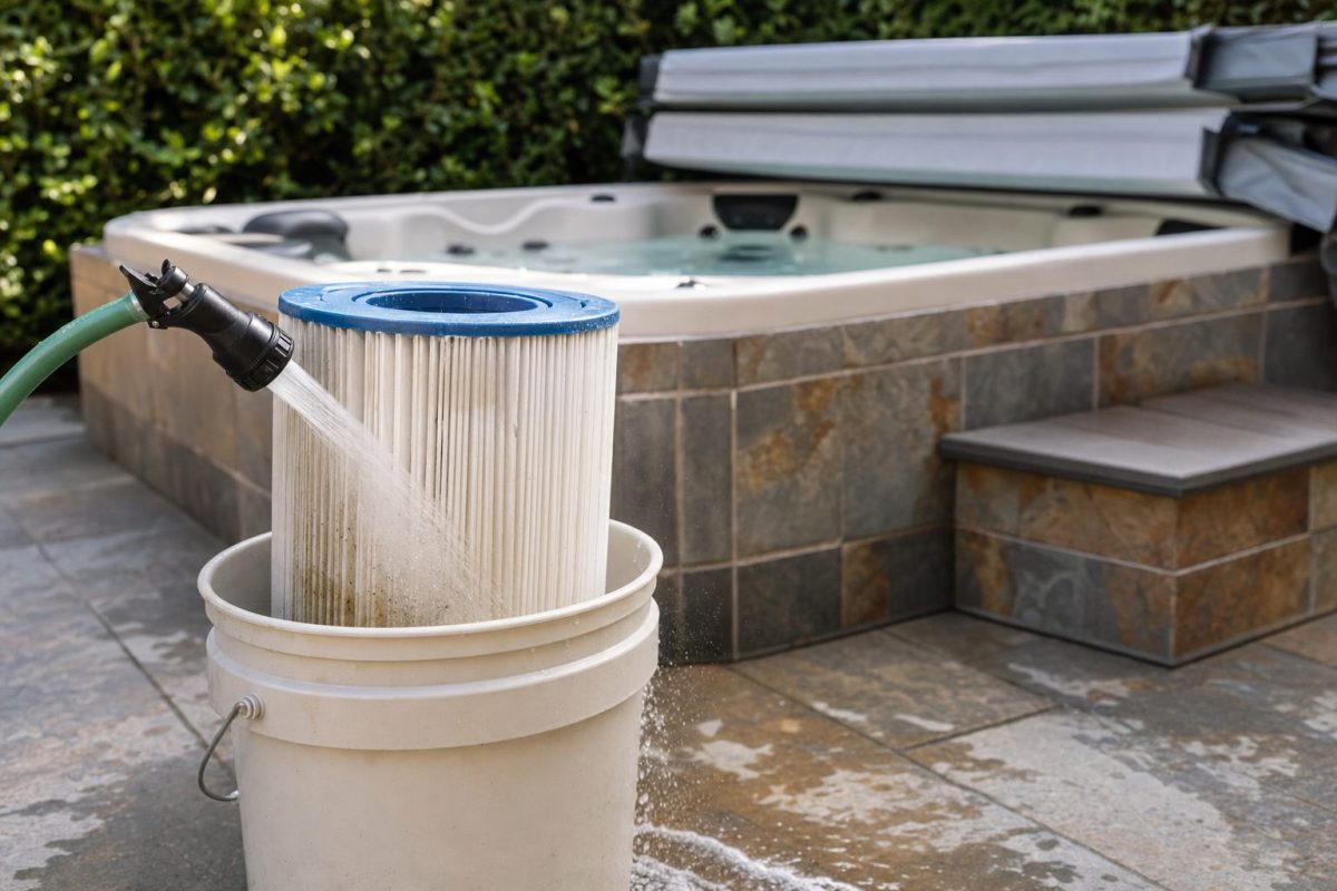 Pleated hot tub filter cartridge being rinsed with a garden hose over a bucket