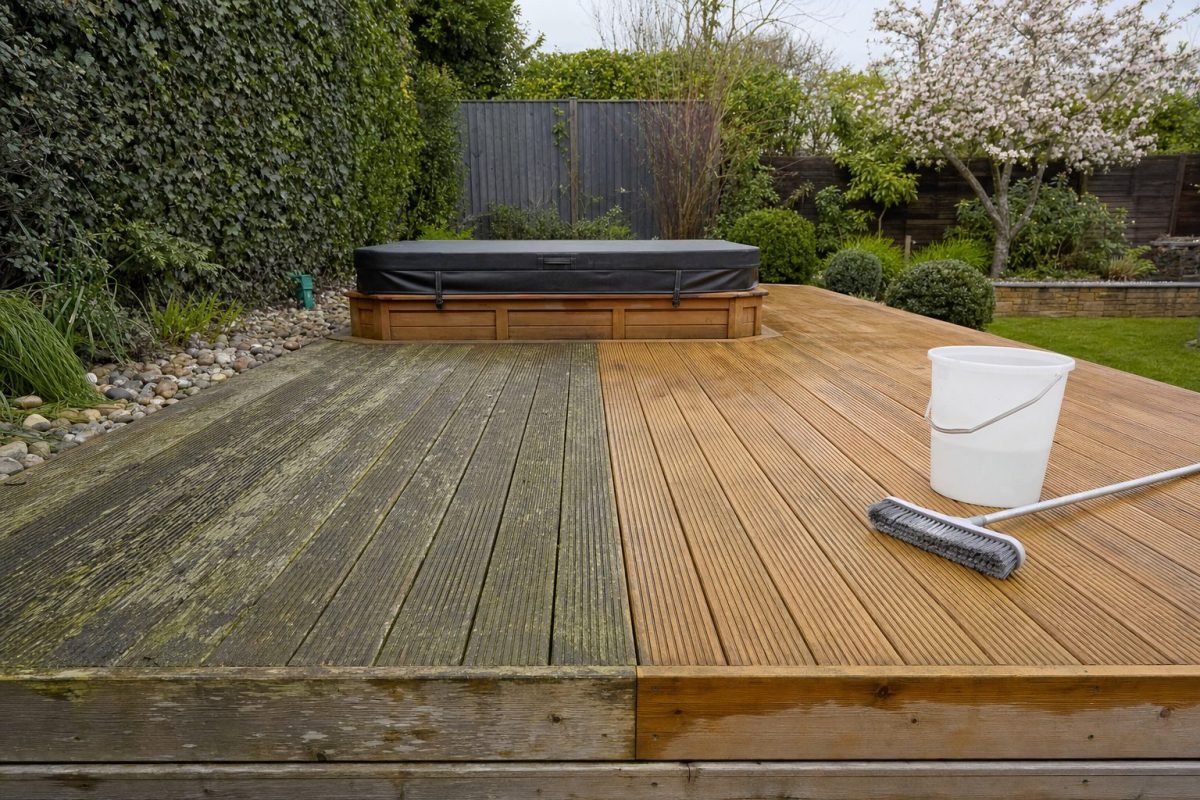 Half-cleaned wooden deck around a hot tub showing the difference between weathered grey boards and freshly cleaned timber