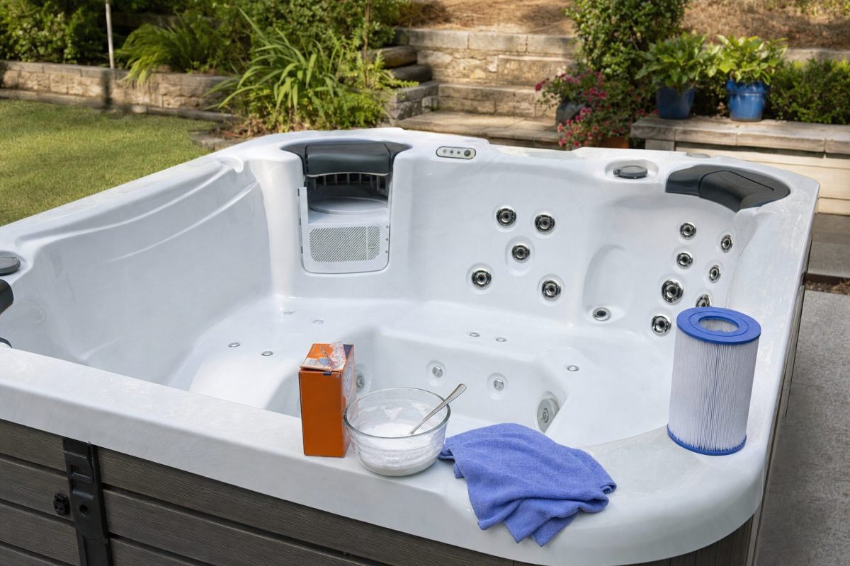 Empty hot tub shell with baking soda paste, a soft cloth and a filter cartridge ready for cleaning