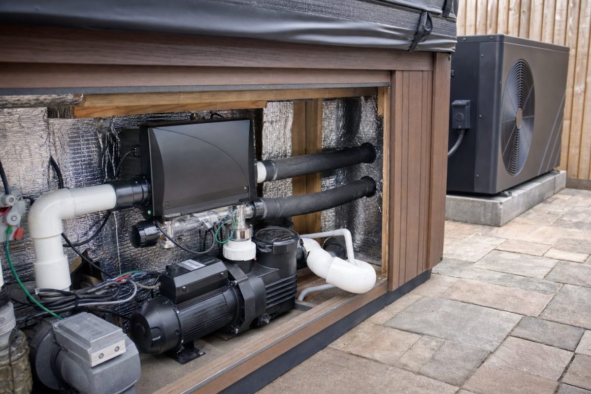 Open hot tub equipment bay with the spa pack and circulation pump, and pipes leading out to an air source heat pump