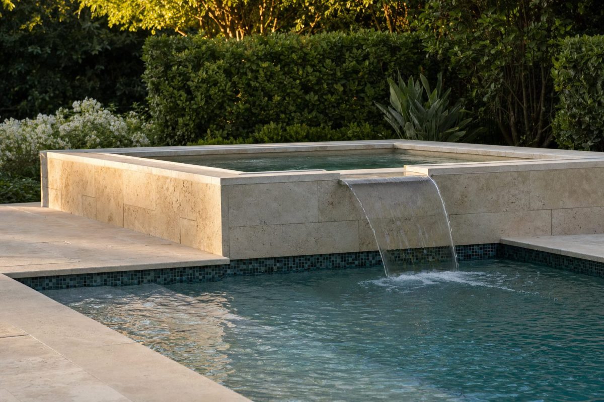 Raised stone hot tub spilling a smooth, even sheet of water over a level stone lip into a swimming pool