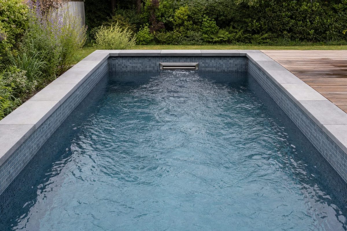 Counter current swim jet running in a tiled plunge pool, creating a current across the water