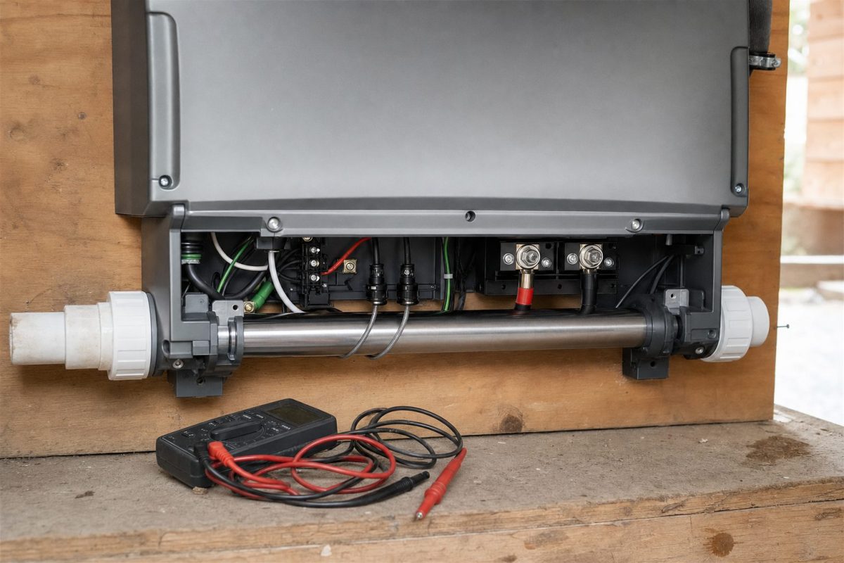 Stainless steel heater tube along the bottom of a hot tub spa pack, with its power terminals and temperature sensor
