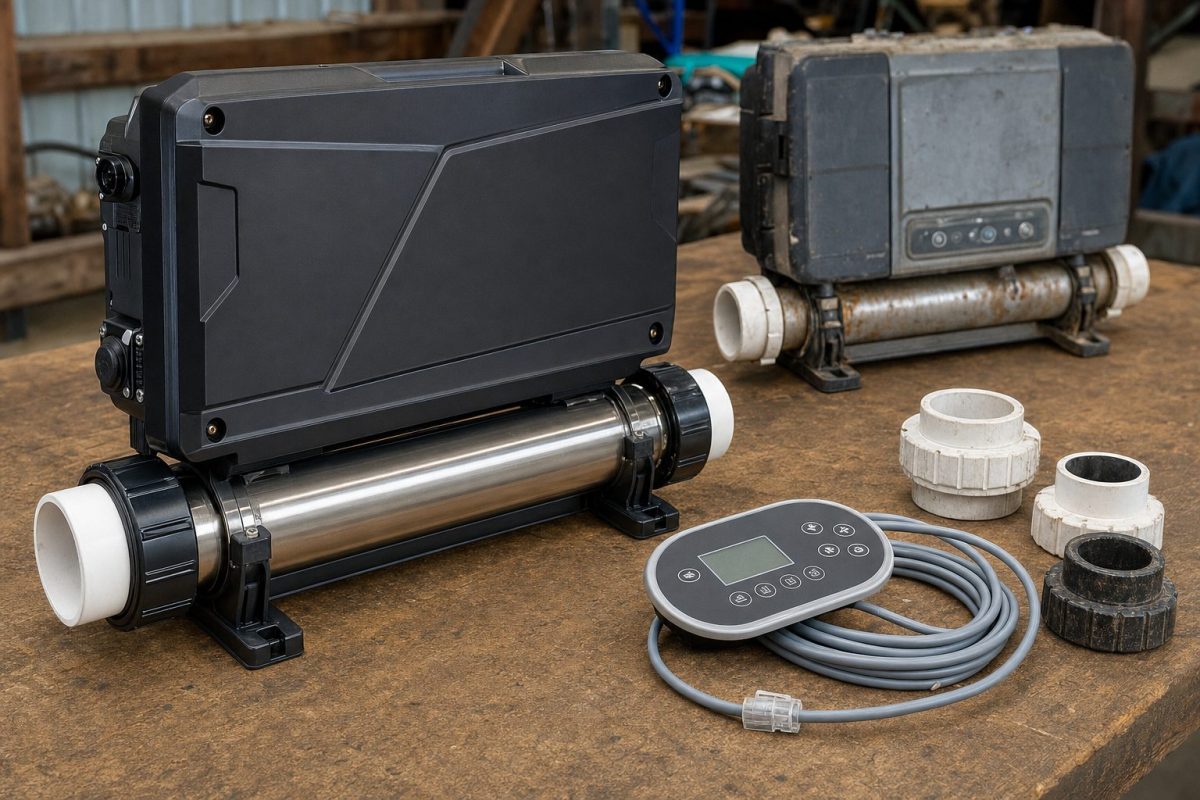 New hot tub spa pack with flow-through heater and topside control on a workbench beside the old pack