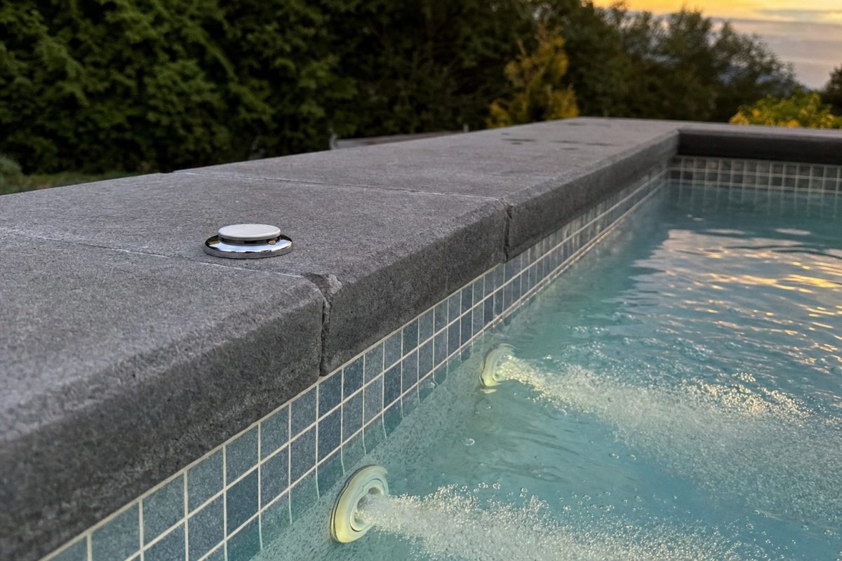 Venturi air control set into the stone coping of a DIY hot tub, with bubbling jets below the waterline