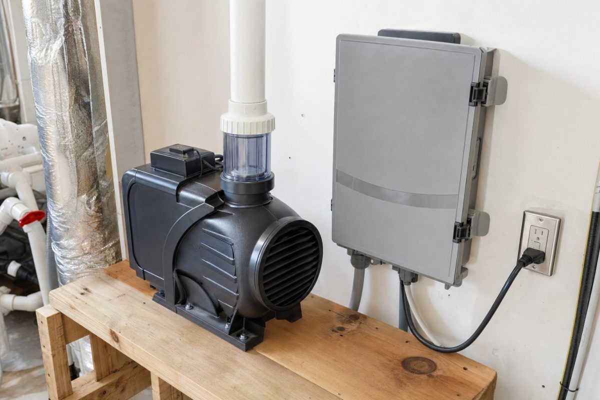 Hot tub air blower connected to a spa pack in a control room with a check valve on the air line
