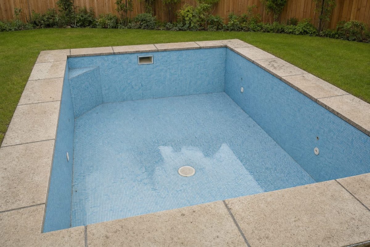 Empty tiled in-ground plunge pool with a round main drain cover in the centre of the floor