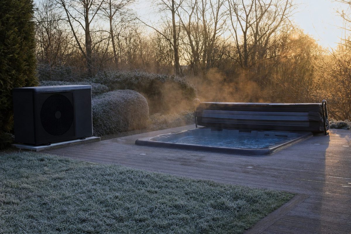 Steaming hot tub and air source heat pump in a frosty garden at sunrise