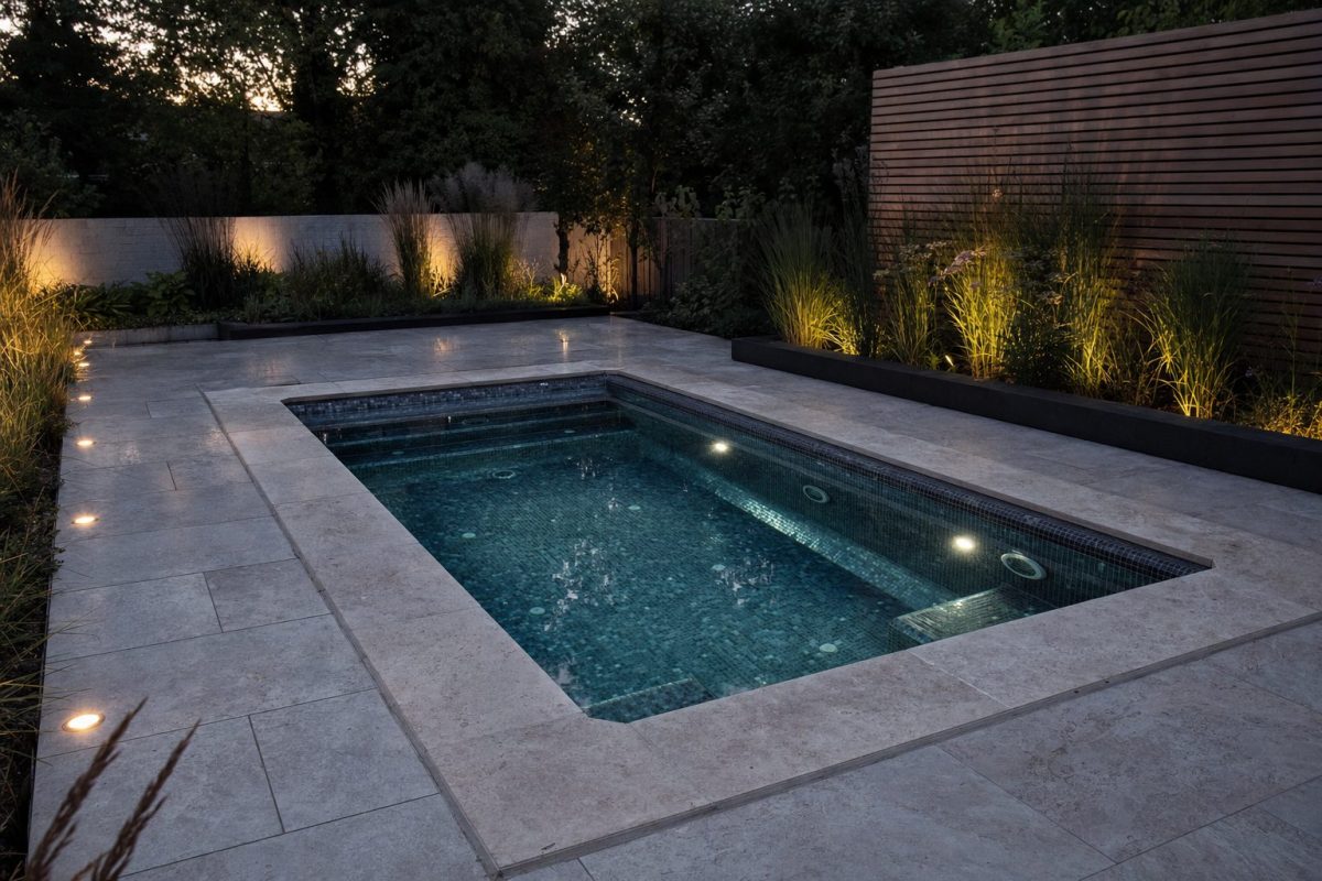 Rectangular tiled in-ground hot tub with stone coping set into a landscaped garden with planting and soft lighting at dusk