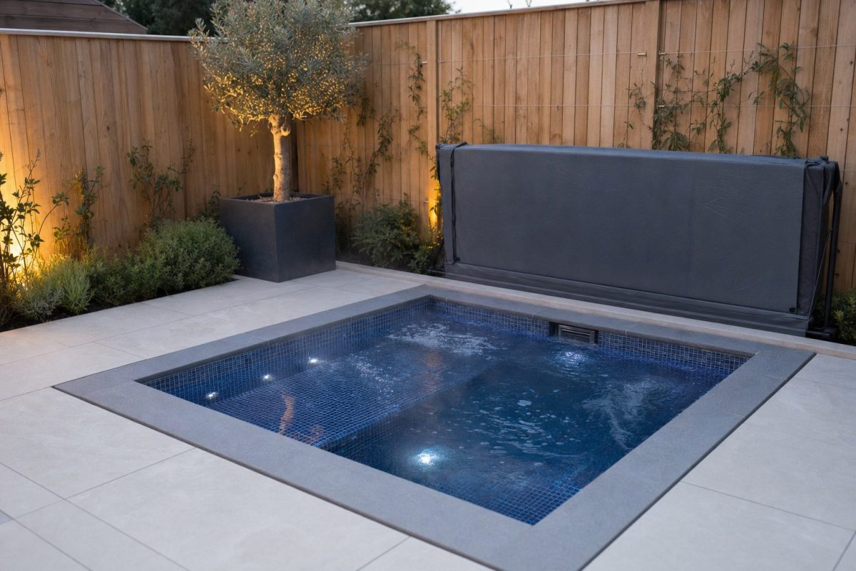 Tiled in-ground hot tub set flush into a stone patio in a back garden