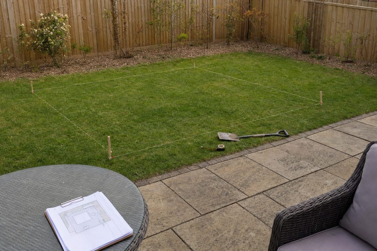 Planning a DIY in-ground hot tub in a back garden, with the excavation marked out with pegs and string lines next to a patio
