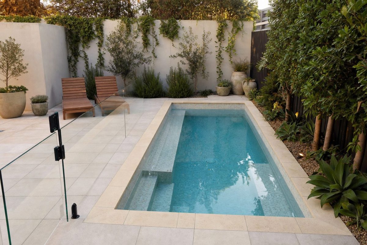 Small tiled in-ground mini pool with built-in steps in a compact back garden